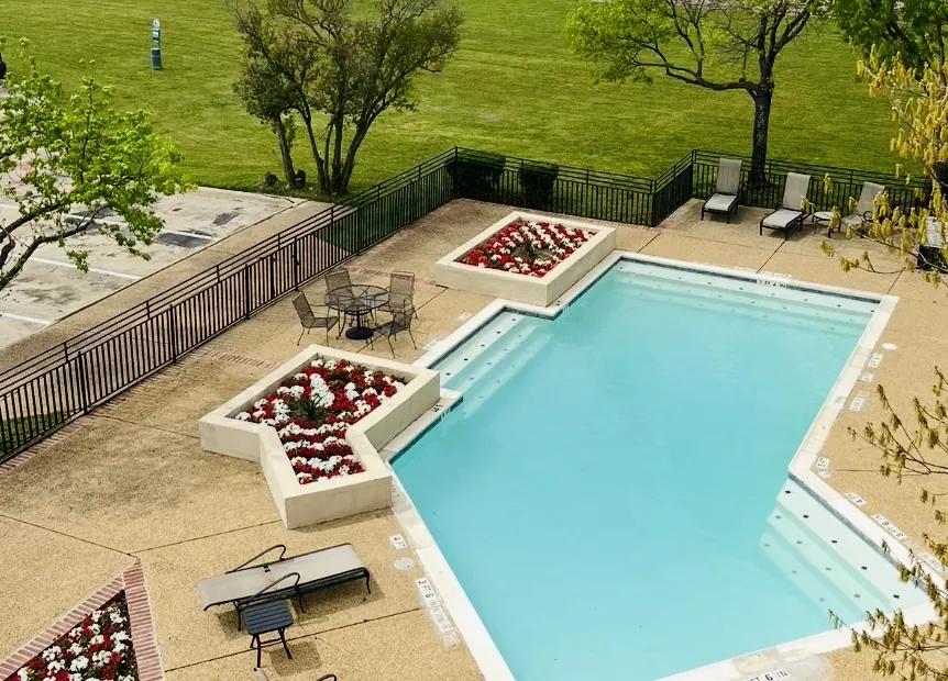 Aerial view of the pool and tanning deck