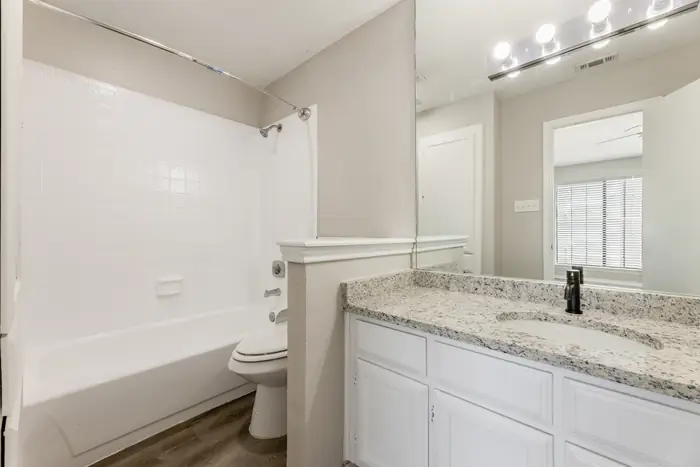 Baño con tocador de granito y tina